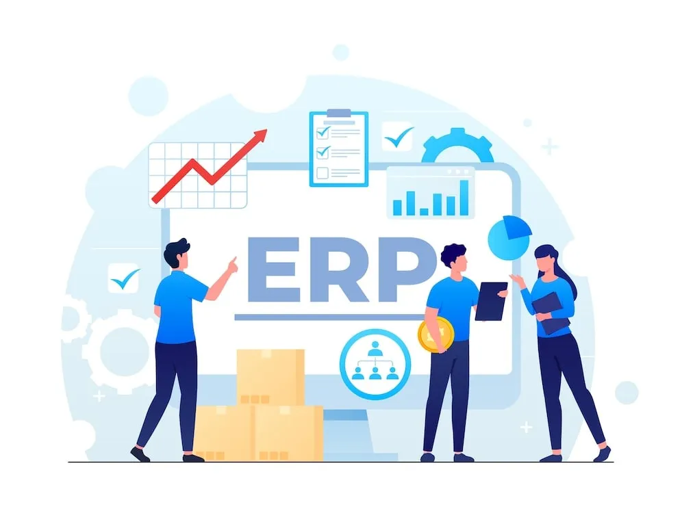 software-erp-contabilidad-gestion-empresarial Profesional usando un software ERP de contabilidad en su ordenador, mostrando la gestión centralizada y la eficiencia para empresas de construcción y turismo.