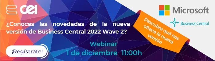 Banner de encabezado del webinar de novedades de Microsoft Dynamics 365 Business Central Wave 2 2022, destacando las mejoras de la última actualización para empresas.