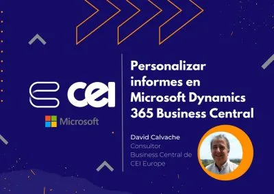 Interfaz de Business Central mostrando opciones para personalizar informes financieros y análisis de datos en tiempo real.
