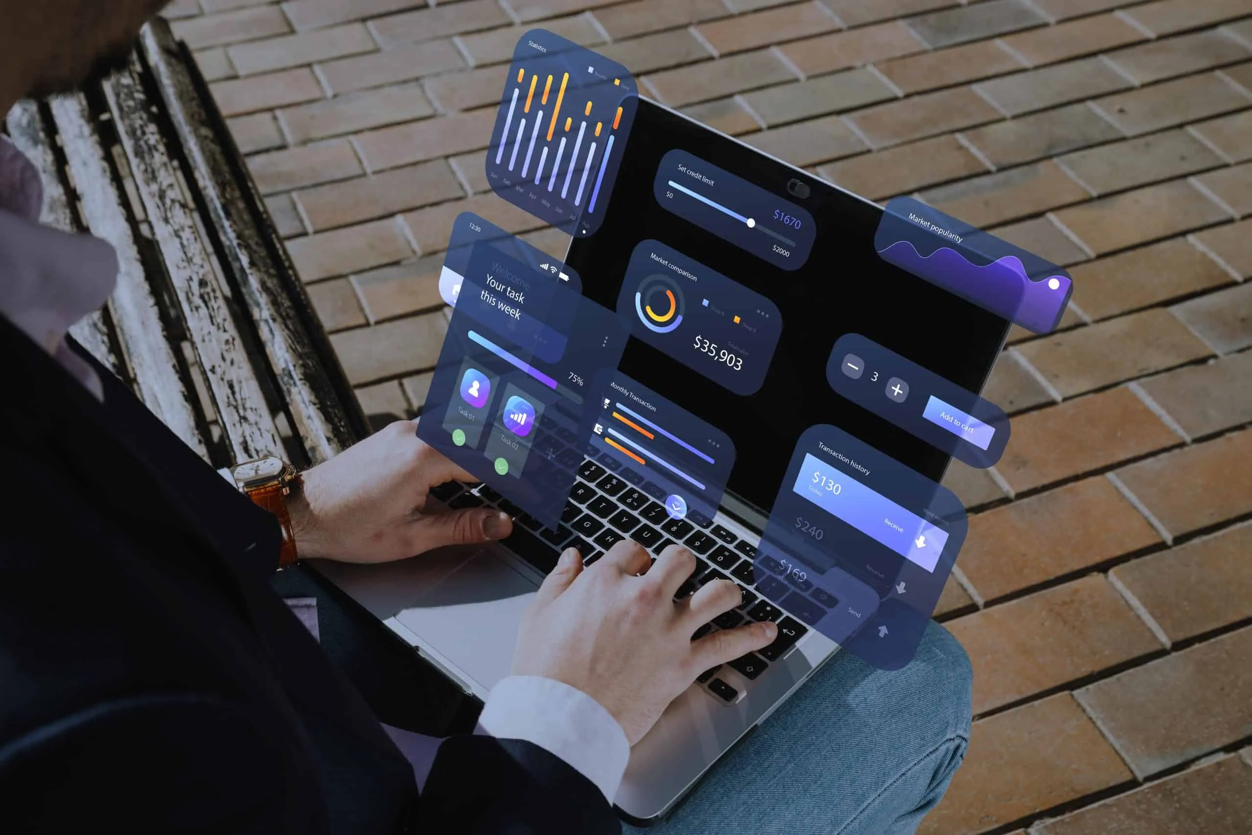Profesional de la construcción usando Business Intelligence para analizar datos de proyectos, optimizando costes y plazos con BI.