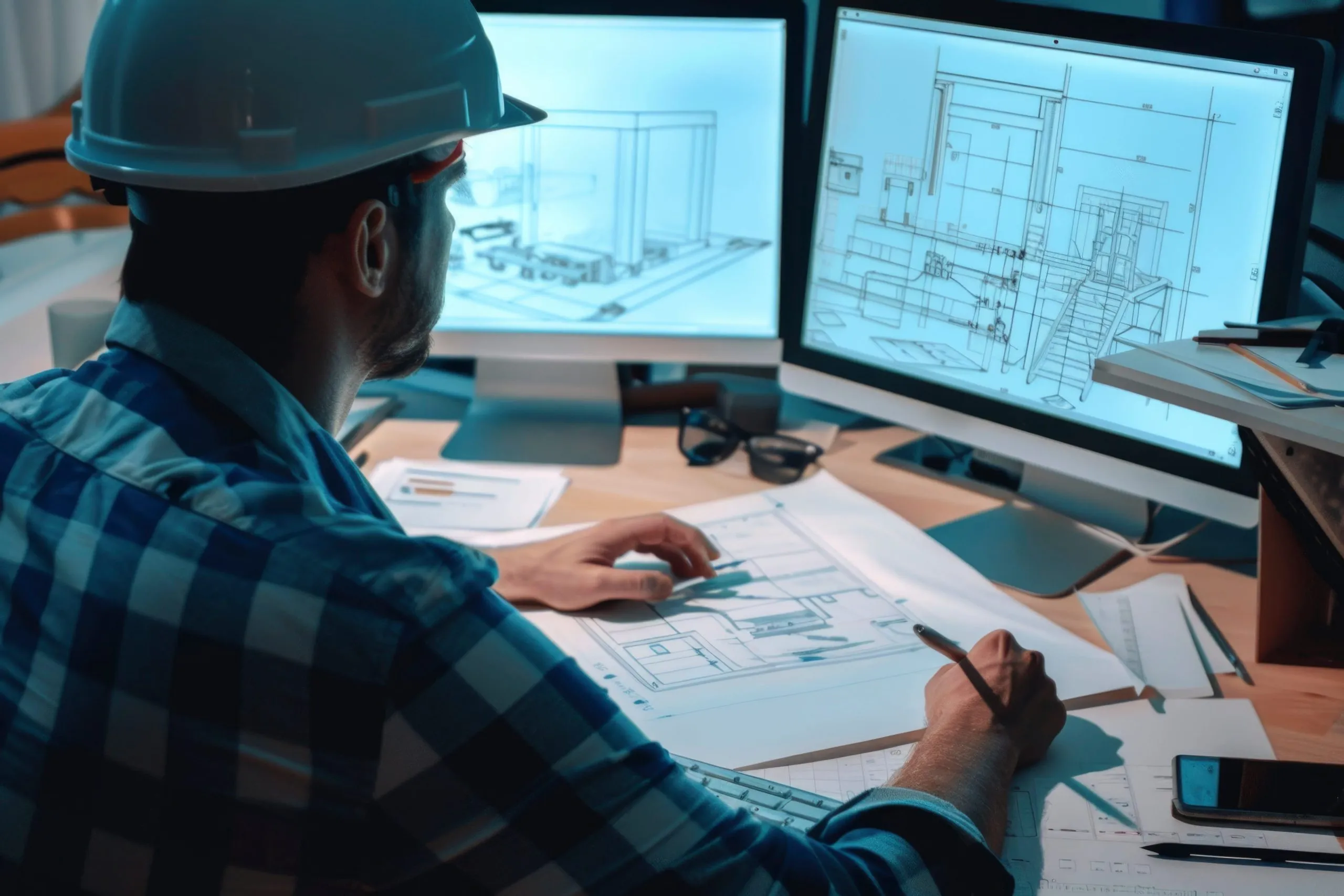 erp-construccion-gestion-rentabilidad Profesionales de la construcción analizan datos en un ERP para optimizar la gestión y reducir pérdidas en proyectos.