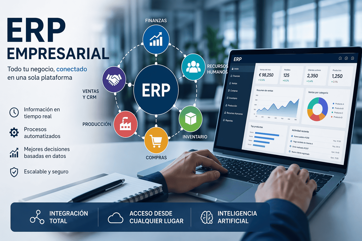 erp-empresarial-gestion-optimizada Profesional consultando un ERP empresarial moderno en una tablet para optimizar la gestión de recursos y la toma de decisiones estratégicas en 2026.