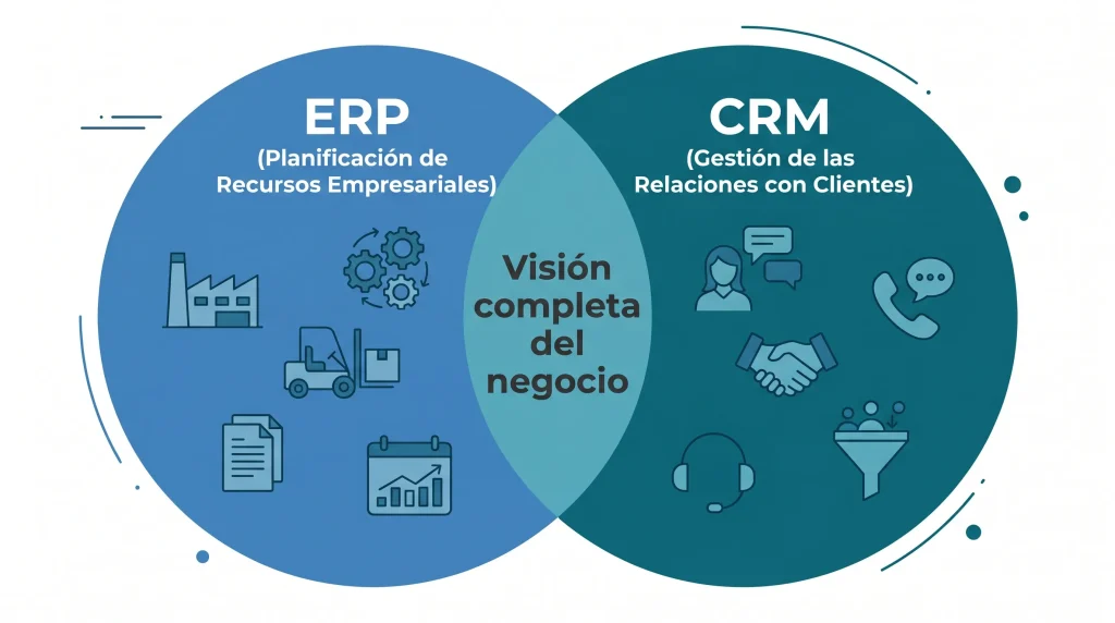 Diagrama simple mostrando cómo ERP y CRM integrados ofrecen una visión completa del negocio