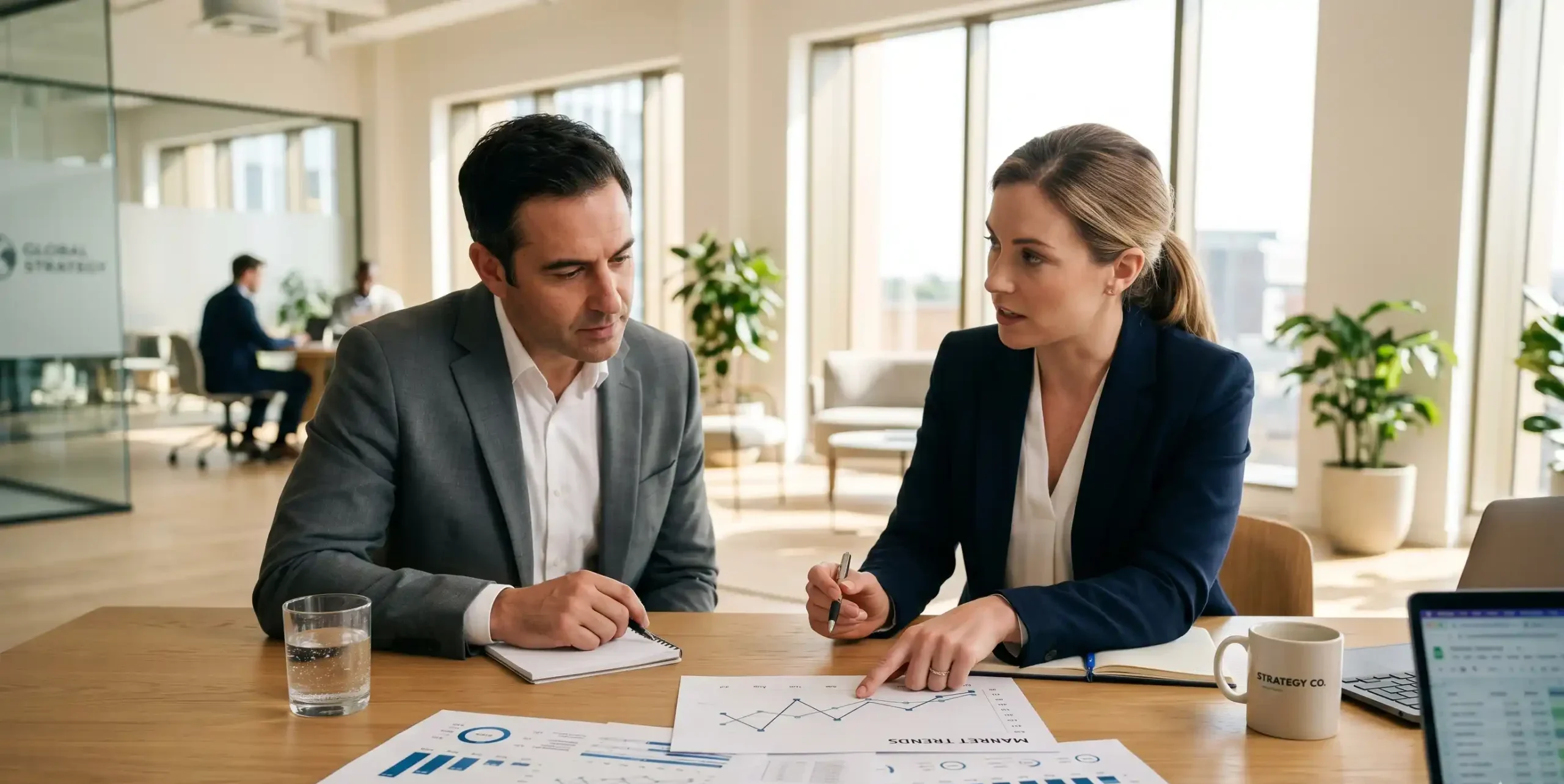 estrategia-negocios-analisis-gestion-04 Dos profesionales revisando documentación y datos en una reunión de trabajo