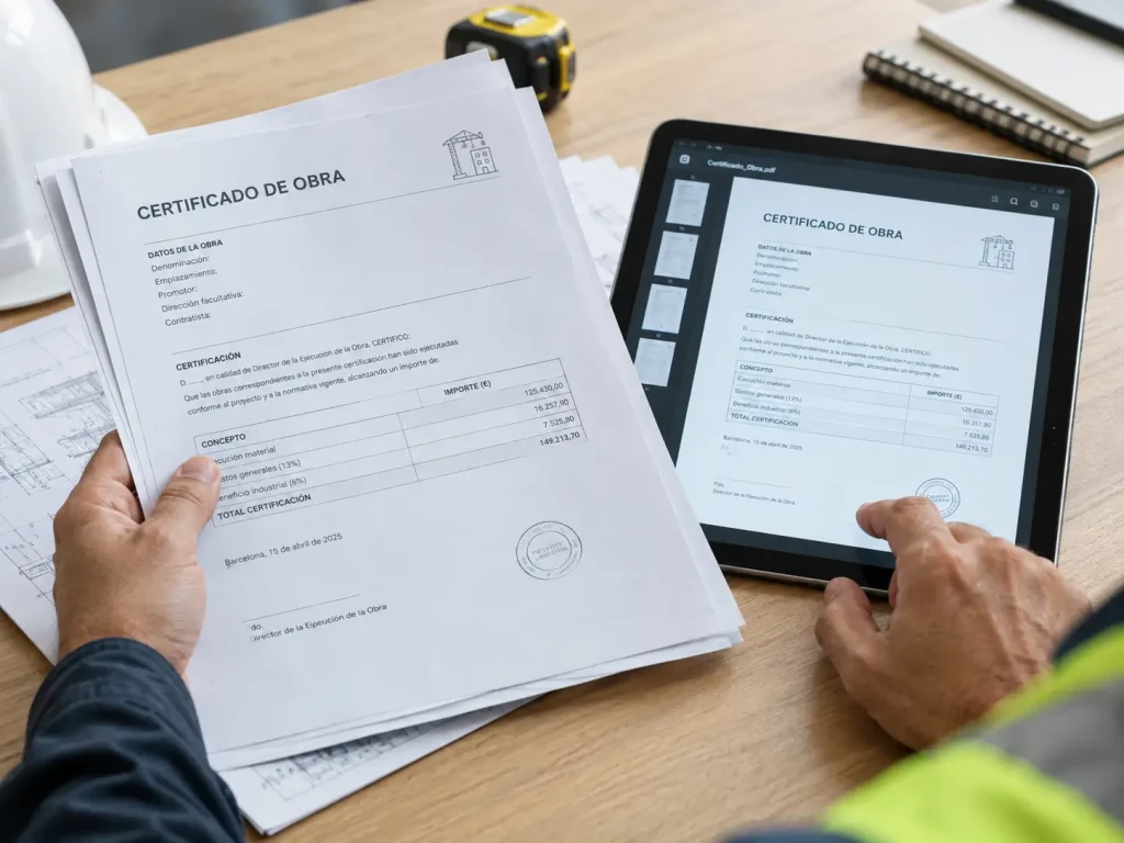 Infografía que compara las certificaciones de obra tradicionales en papel con las digitales, destacando la eficiencia y accesibilidad.