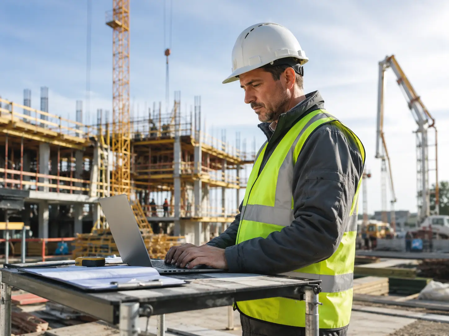 director obra tablet planos construccion Director de obra usando tablet con planos digitales para supervisar la construcción, simbolizando eficiencia en gestión de proyectos con ERP.