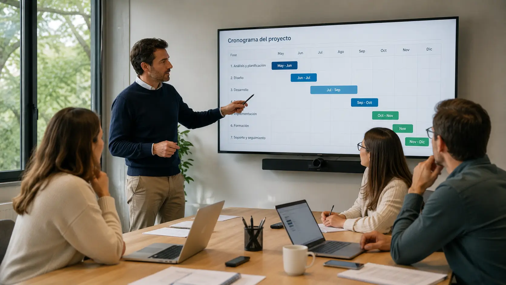 empresa-analizando-estado-digital Equipo de profesionales analizando datos en pantallas, simbolizando una empresa que evalúa su estado digital. Clave para la optimización de negocios.