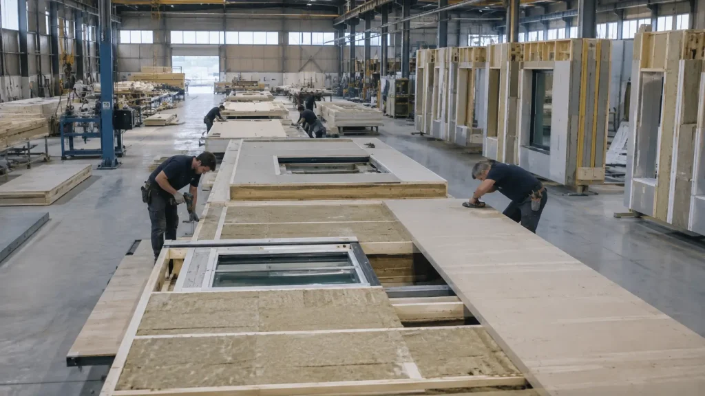 Fábrica moderna de componentes prefabricados para construcción industrializada, con maquinaria y procesos eficientes. Ideal para empresas constructoras.